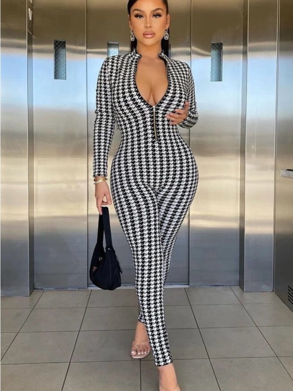 Fashion Nova “No Fads” Houndstooth Sweater Jumpsuit with a front zipper